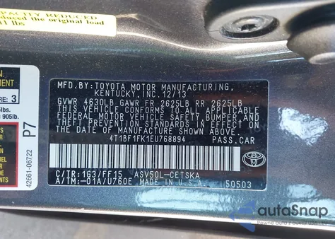 2014 Toyota Camry Se из США, поврежденный, VIN 4T1BF1FK1EU768894